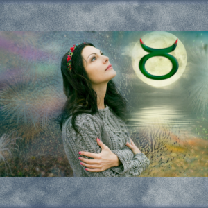 woman dreamily looking up to Taurus symbol